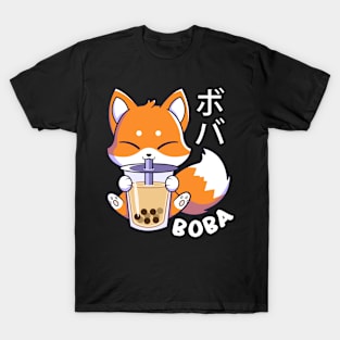 Kawaii Cute Fox Sipping Boba Milk Tea T-Shirt